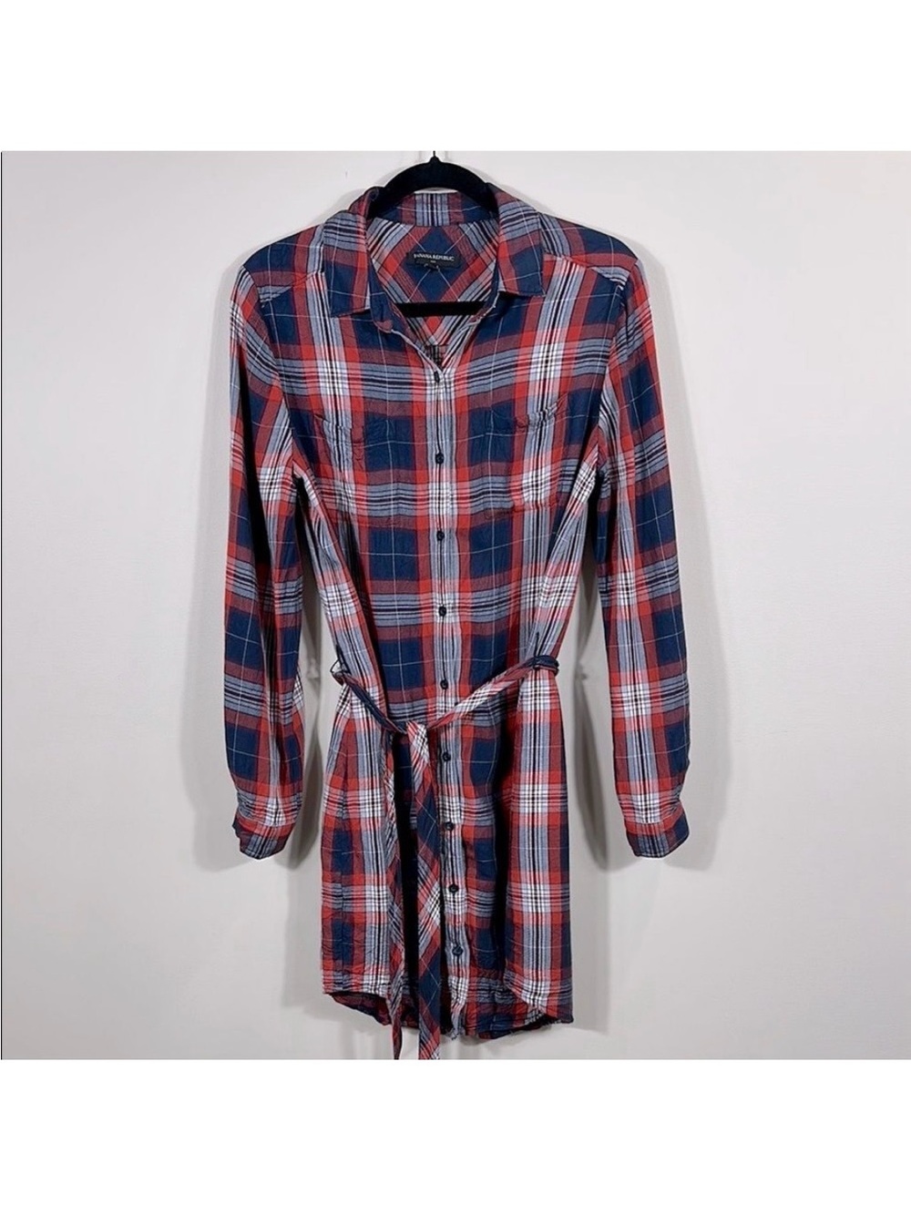 Banana Republic Red and Blue Plaid Button-Front Shirt Dress with belt size 8